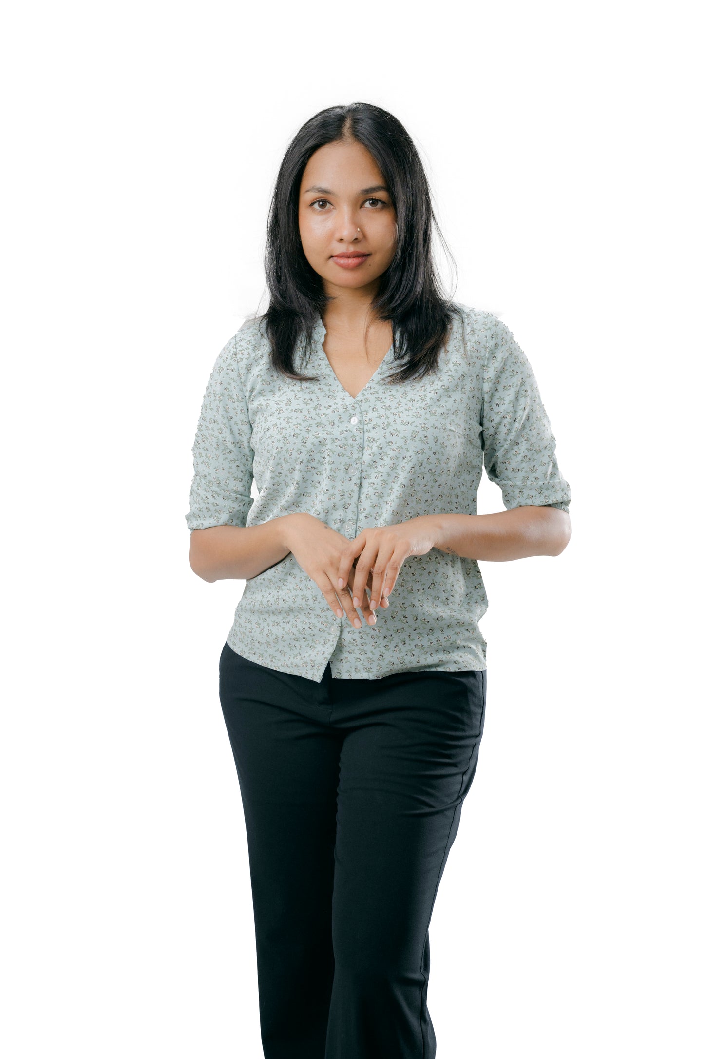 GREEN V NECK PRINTED TOP