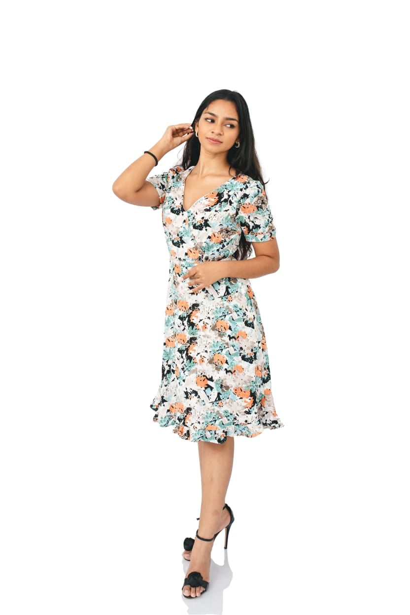 FRILL HEM PRINTED DRESS